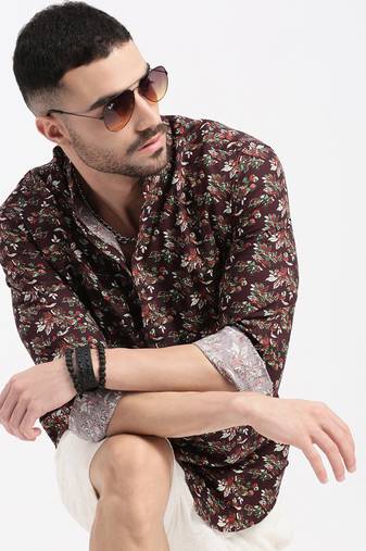 men's burgundy printed slim fit shirt