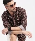 men's burgundy printed slim fit shirt