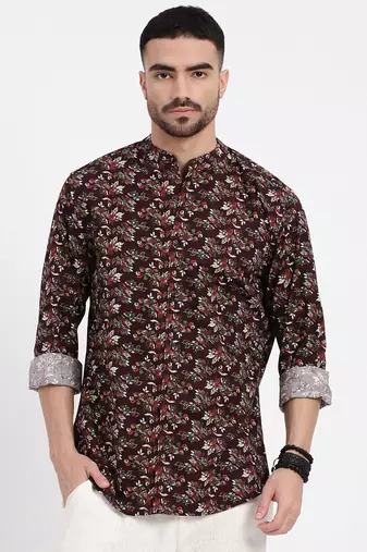 men's burgundy printed slim fit shirt