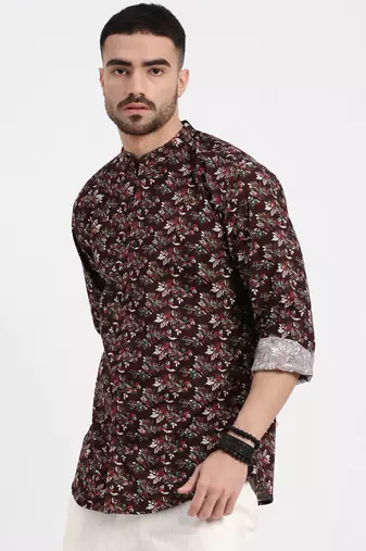 men's burgundy printed slim fit shirt