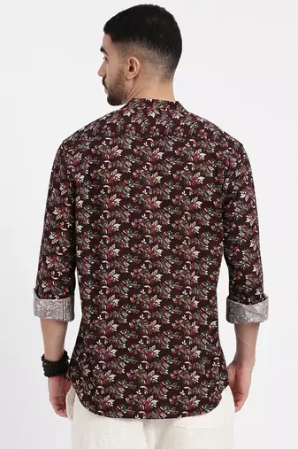 men's burgundy printed slim fit shirt