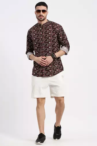 men's burgundy printed slim fit shirt