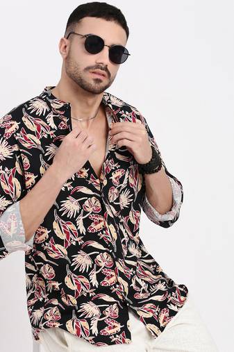 men's black printed slim fit shirt
