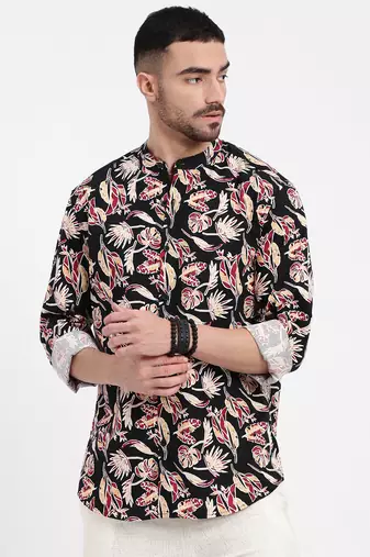 men's black printed slim fit shirt