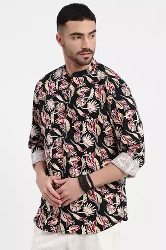 men's black printed slim fit shirt