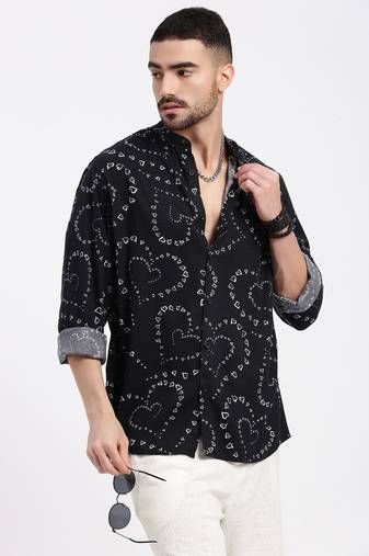 men's black printed slim fit shirt