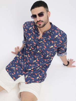 men's blue printed slim fit shirt 1