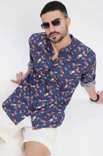 men's blue printed slim fit shirt