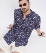 men's blue printed slim fit shirt
