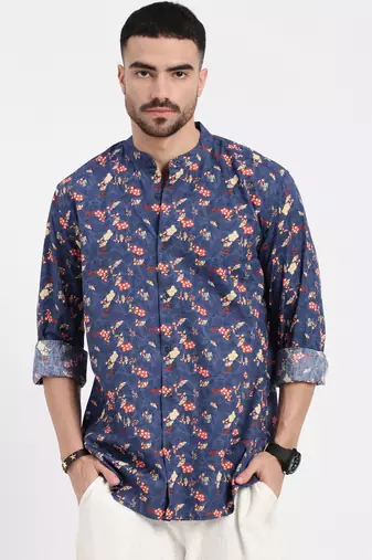 men's blue printed slim fit shirt