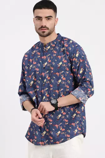 men's blue printed slim fit shirt