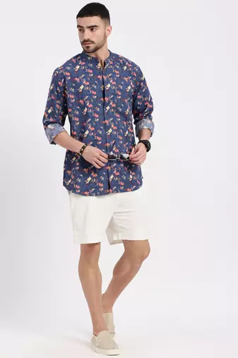 men's blue printed slim fit shirt