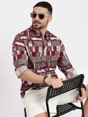 men's maroon printed slim fit shirt 1
