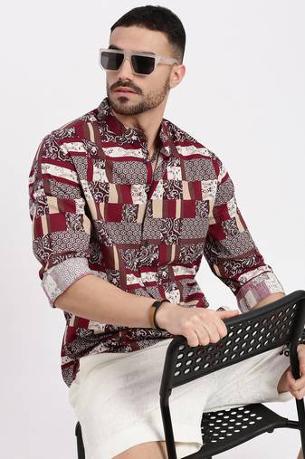 men's maroon printed slim fit shirt