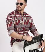 men's maroon printed slim fit shirt
