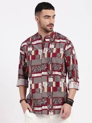 men's maroon printed slim fit shirt 2