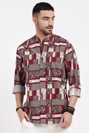 men's maroon printed slim fit shirt