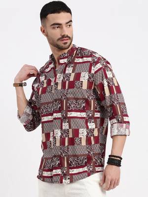 men's maroon printed slim fit shirt 3