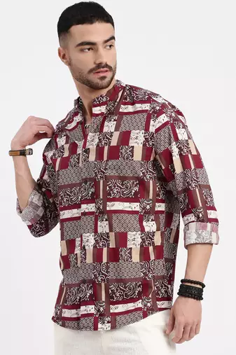 men's maroon printed slim fit shirt