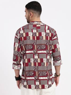 men's maroon printed slim fit shirt 4