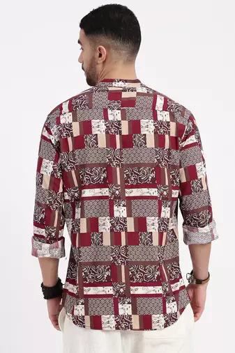 men's maroon printed slim fit shirt