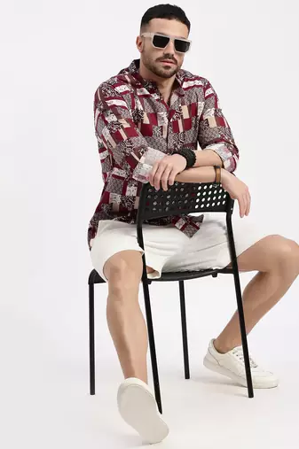men's maroon printed slim fit shirt