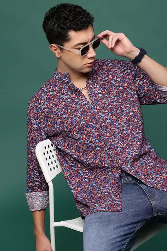 Showoff men's blue floral slim fit shirt