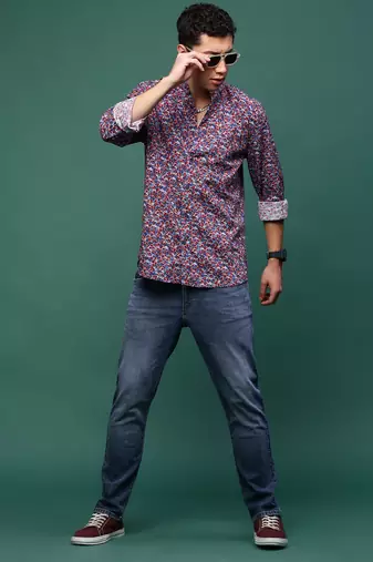 Showoff men's blue floral slim fit shirt