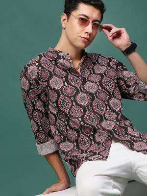 men's green ethnic motifs slim fit shirt 1