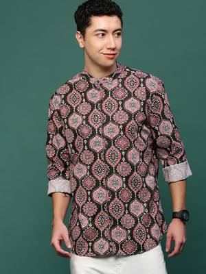 men's green ethnic motifs slim fit shirt 2