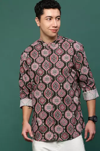 men's green ethnic motifs slim fit shirt