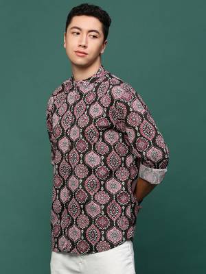 men's green ethnic motifs slim fit shirt 3