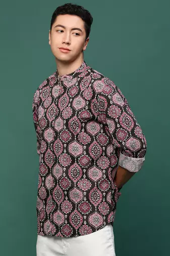 men's green ethnic motifs slim fit shirt