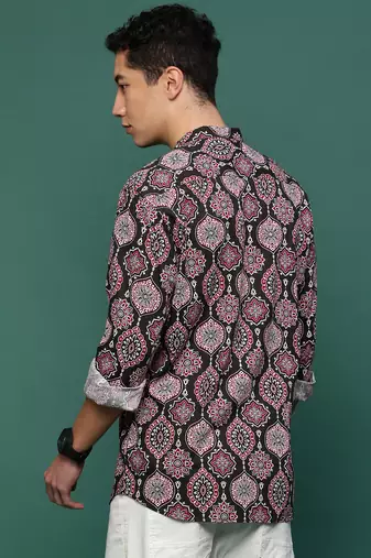 men's green ethnic motifs slim fit shirt