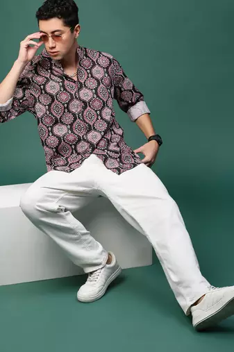 men's green ethnic motifs slim fit shirt