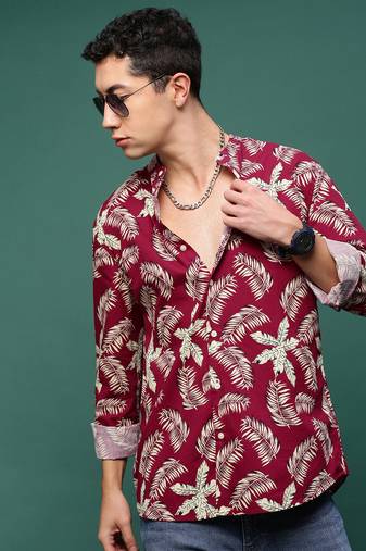 men's maroon floral slim fit shirt
