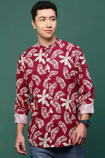 men's maroon floral slim fit shirt