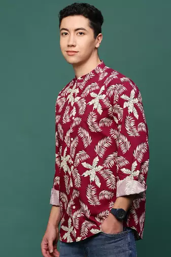 men's maroon floral slim fit shirt