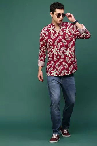 men's maroon floral slim fit shirt