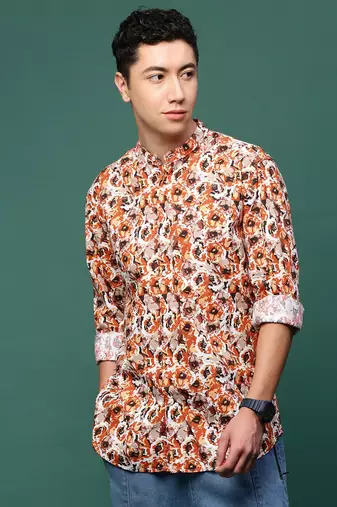 men's orange floral slim fit shirt