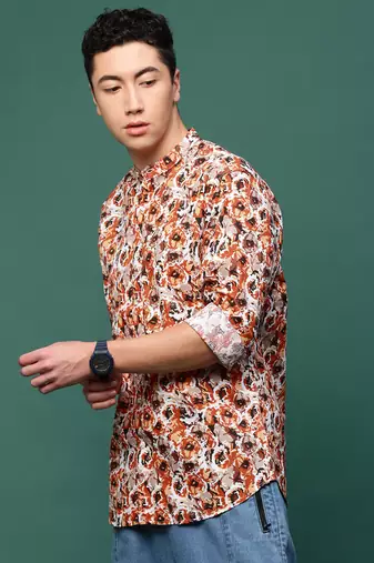 men's orange floral slim fit shirt