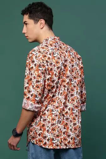 men's orange floral slim fit shirt