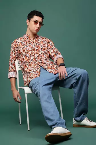 men's orange floral slim fit shirt