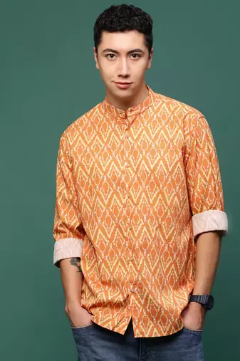 men's orange geometric slim fit shirt