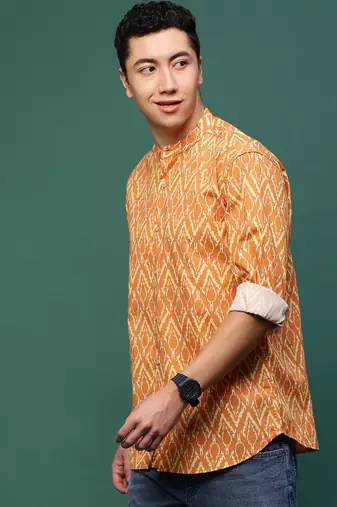 men's orange geometric slim fit shirt