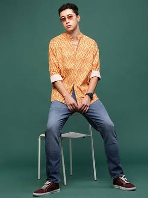 men's orange geometric slim fit shirt 5