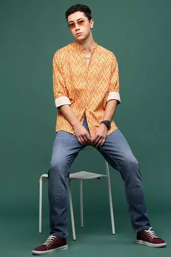 men's orange geometric slim fit shirt