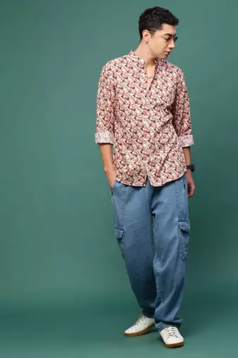 men's brown floral slim fit shirt