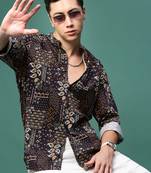 men's black ethnic motifs slim fit shirt