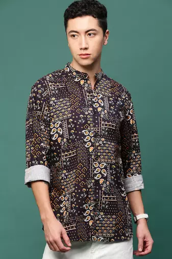 men's black ethnic motifs slim fit shirt